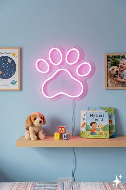 Letrero Neón de Huella de Mascota, Luz neón LED, Color Rosa, Decoración de Pared con base metacrilato transparente, cadena, cable de 1.5 m y alimentación 12 v medidas 35x30 cm,habitacion