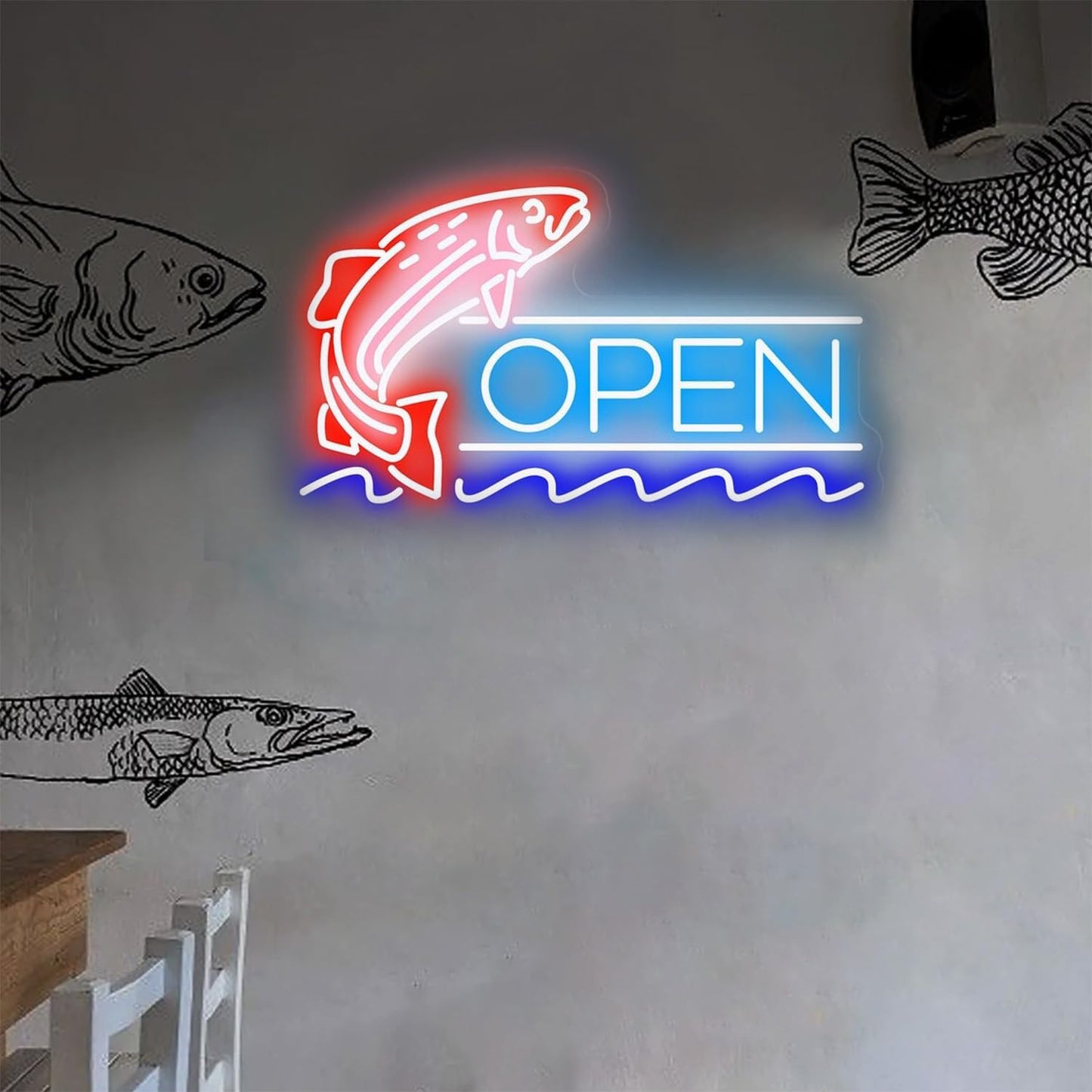 Letrero LED de Neón OPEN PESCADO,RESTAURANTE, Luz Roja y Azul, Señalización Luminosa para Negocio 60l. x 40an. centímetros, alimentador 12V