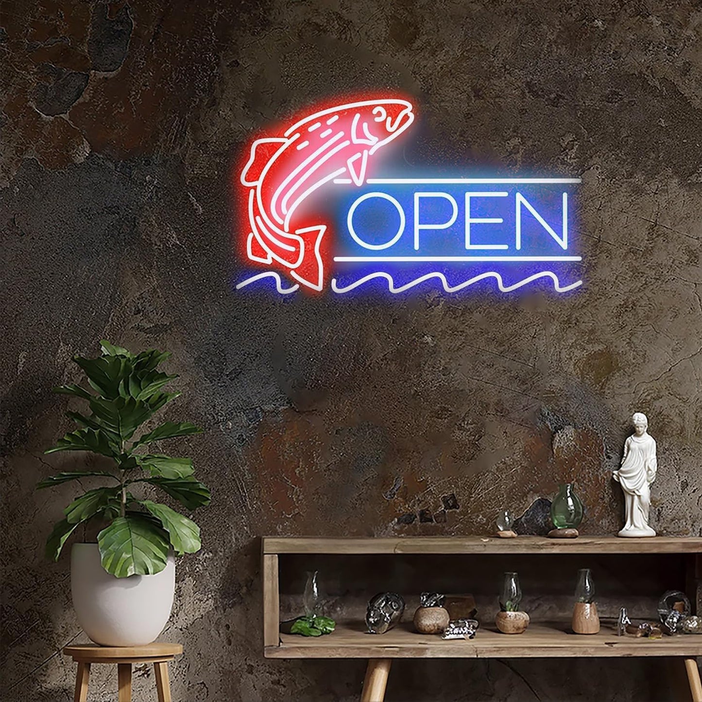 Letrero LED de Neón OPEN PESCADO,RESTAURANTE, Luz Roja y Azul, Señalización Luminosa para Negocio 60l. x 40an. centímetros, alimentador 12V