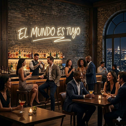 Letrero Neón de El Mundo Es Tuyo con Subrayado, Luz neón LED, Blanco Cálido, Decoración de Pared con base metacrilato transparente, cadena, cable de 1.5 m y alimentación 12 v medidas 80x25 cm