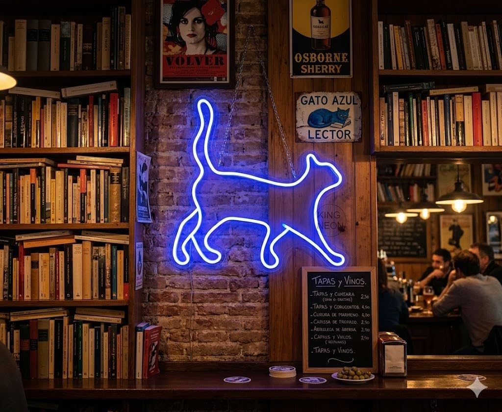 Letrero Neón de Gato Caminando, Luz neón LED, Color Azul, Decoración de Pared con base metacrilato transparente, cadena, cable de 1.5 m y alimentación 12 v, medidas 40x35 cm