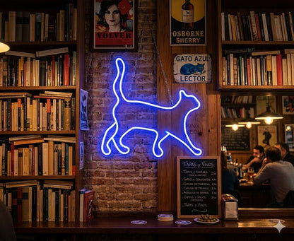 Letrero Neón de Gato Caminando, Luz neón LED, Color Azul, Decoración de Pared con base metacrilato transparente, cadena, cable de 1.5 m y alimentación 12 v, medidas 40x35 cm