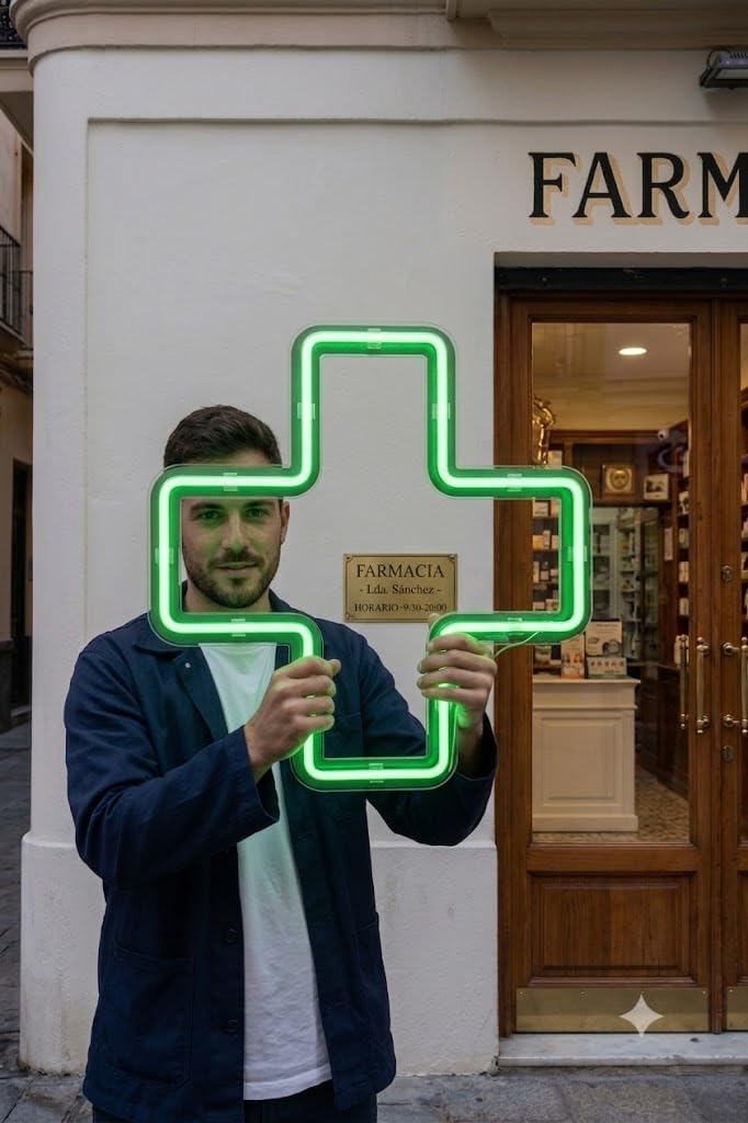 Letrero Neón de Cruz Farmacia, Luz neón LED, Verde, Decoración de Pared con base metacrilato transparente, cadena, cable de 1.5 m y alimentación 12 v medidas, medidas 60x60 cm.