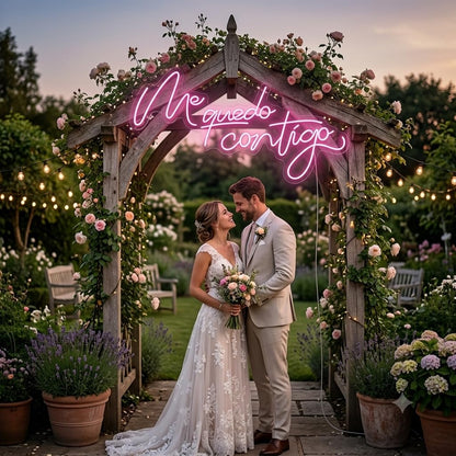 Letrero Neón Me Quedo Contigo, Rosa, Decoración de Boda medida 75 cm x 40 cm alimentación 12v