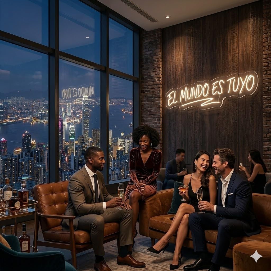 Letrero Neón de El Mundo Es Tuyo con Subrayado, Luz neón LED, Blanco Cálido, Decoración de Pared con base metacrilato transparente, cadena, cable de 1.5 m y alimentación 12 v medidas 80x25 cm