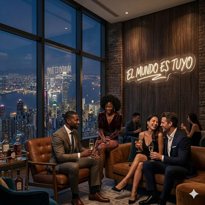 Letrero Neón de El Mundo Es Tuyo con Subrayado, Luz neón LED, Blanco Cálido, Decoración de Pared con base metacrilato transparente, cadena, cable de 1.5 m y alimentación 12 v medidas 80x25 cm