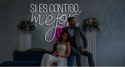 Letrero de Neón LED 'Si es Contigo', Cartel Luminoso Decorativo con Corazón, Luz Blanca y Rosa