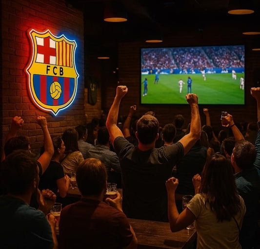 SOLOLED Regalos Barcelona Luminoso LED, Decoración de Pared, Iluminación Roja LIGA DE FUTBOL ESCUDO MEON LED,METACRILATO Y VINILO.MEDIDAS 35X30 CM