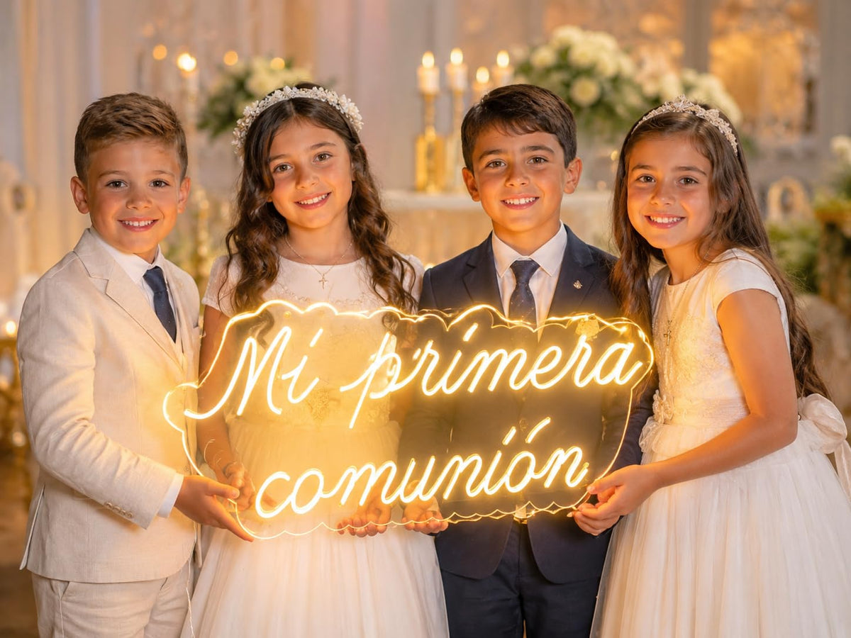 Letrero LED Neón Personalizado mi Primera Comunión para Comuniones y Bautizos, Detalles Decorativos, Base Metacrilato, 60 x 40 cm, Alimentación 12 V
