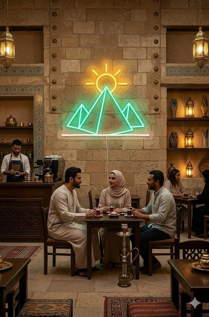 Letrero Neón de Paisaje de piramides y Sol, Luz neón LED, Multicolor, Decoración de Pared con base metacrilato transparente, cadena, cable de 1.5 m y alimentación 12 v medidas 42x38 cm.CUADRO