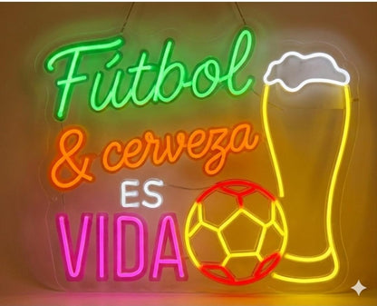 soloLED Neón LED fútbol y cerveza Letrero Luminoso de mundial Decoración de Pared para Habitación Infantil, Zona Gamer o Bar,Artesanal Hecho en España 12 v medidas 70x70cm