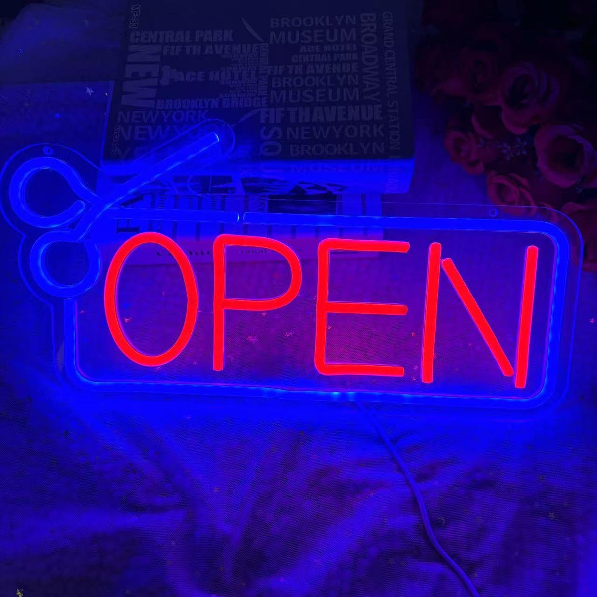 Letrero de neón abierto de barbería, letrero LED USB grabado en 3D