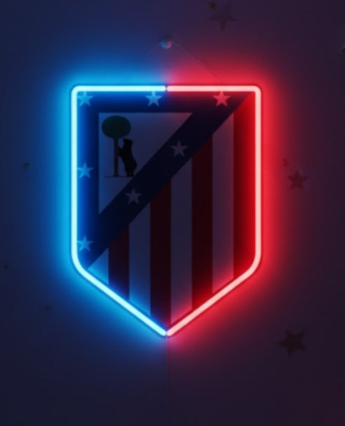Escudo futbol 1º division Decorativo Atlético de Madrid, Emblema del Club con Estrellas, Diseño Oficial medidas 28x35cm neon led metacrilato y vinilo liga de futbol