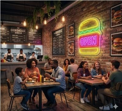 Letrero Neón de Hamburguesa OPEN, Luz neón LED, Multicolor, Decoración de Pared con base metacrilato transparente, cadena, cable de 1.5 m y alimentación 12 v medidas 45x45 cm