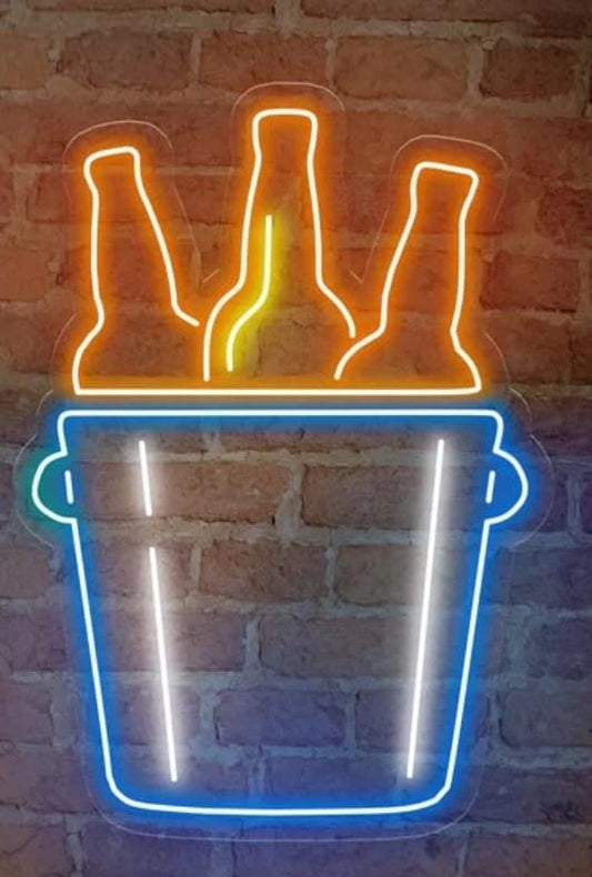 Letrero LED de Neón, Diseño de Cubeta con Botellas, Luz Azul y Naranja, Decoración de Pared