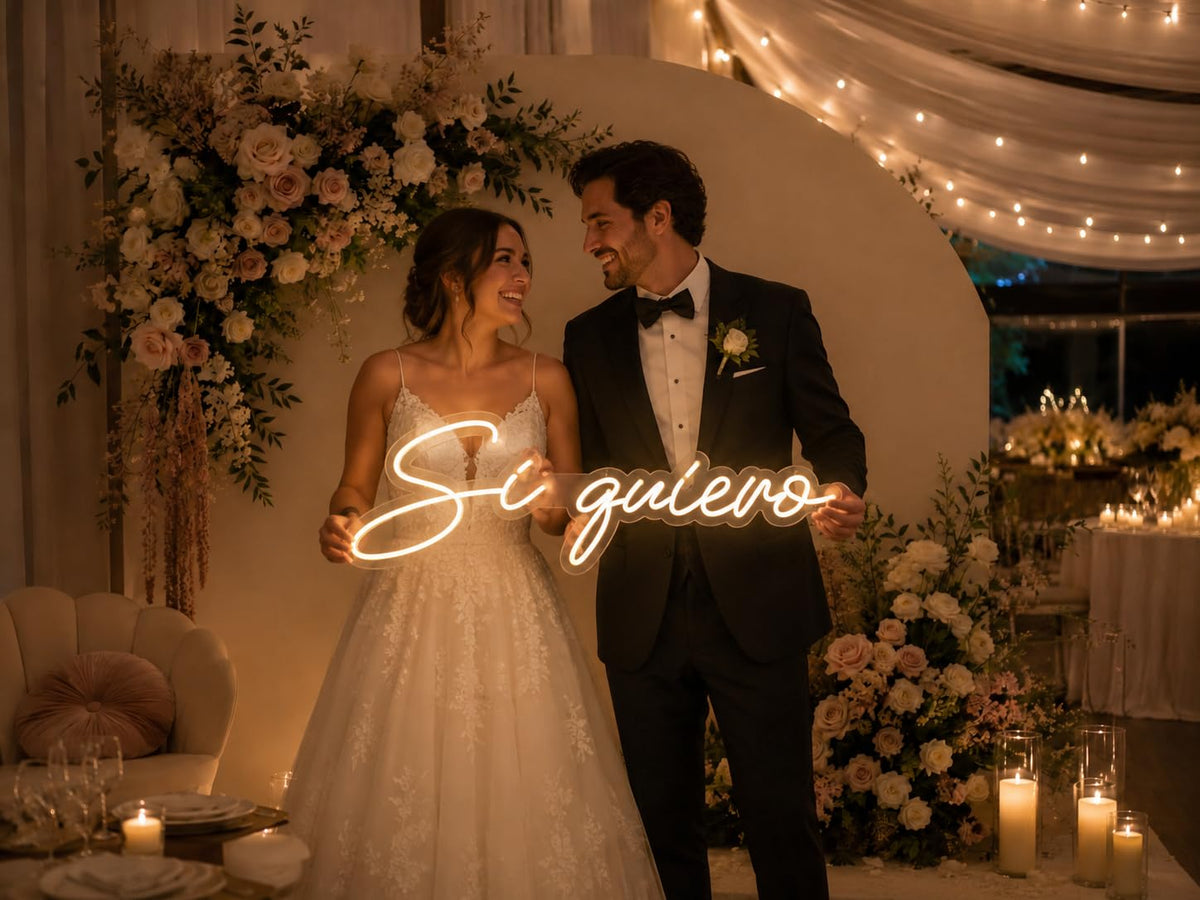 SOLOLED Letrero Luminoso LED Neón "Si Quiero" – Blanco Cálido, 70 x 30 cm, Base de Metacrilato, Regulable con Mando a Distancia, Ideal para Bodas y Eventos, Incluye Kit de Instalación