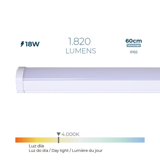 REGLETA LED 18 w 4000 k LUZ DÍA 1.820 lm 60 x 4,6 x 5,1 cm