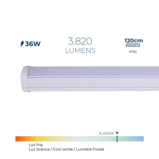 REGLETA LED 36 w 6.400 k LUZ FRIA 3.820 lm 120 x 4,6 x 5,1 cm