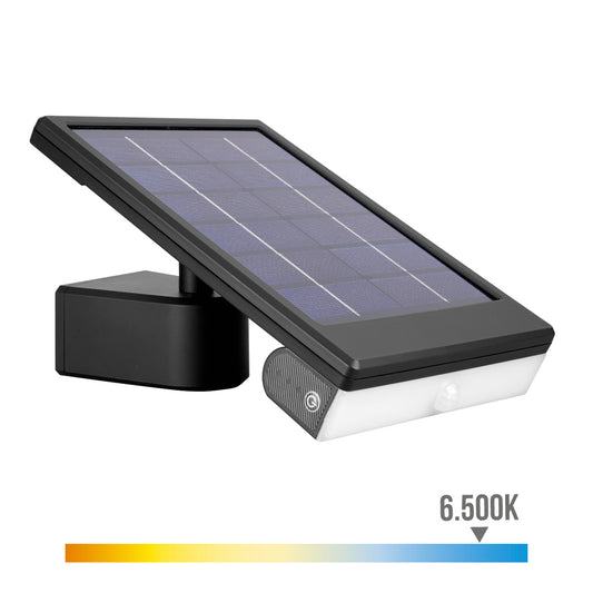 APLIQUE SOLAR LED 6W 720lm 6.500K CON SENSOR CREPUSCULAR Y MOVIMIENTO. PUNTO DE LUZ EXTRAÍBLE. COLOR NEGRO EDM