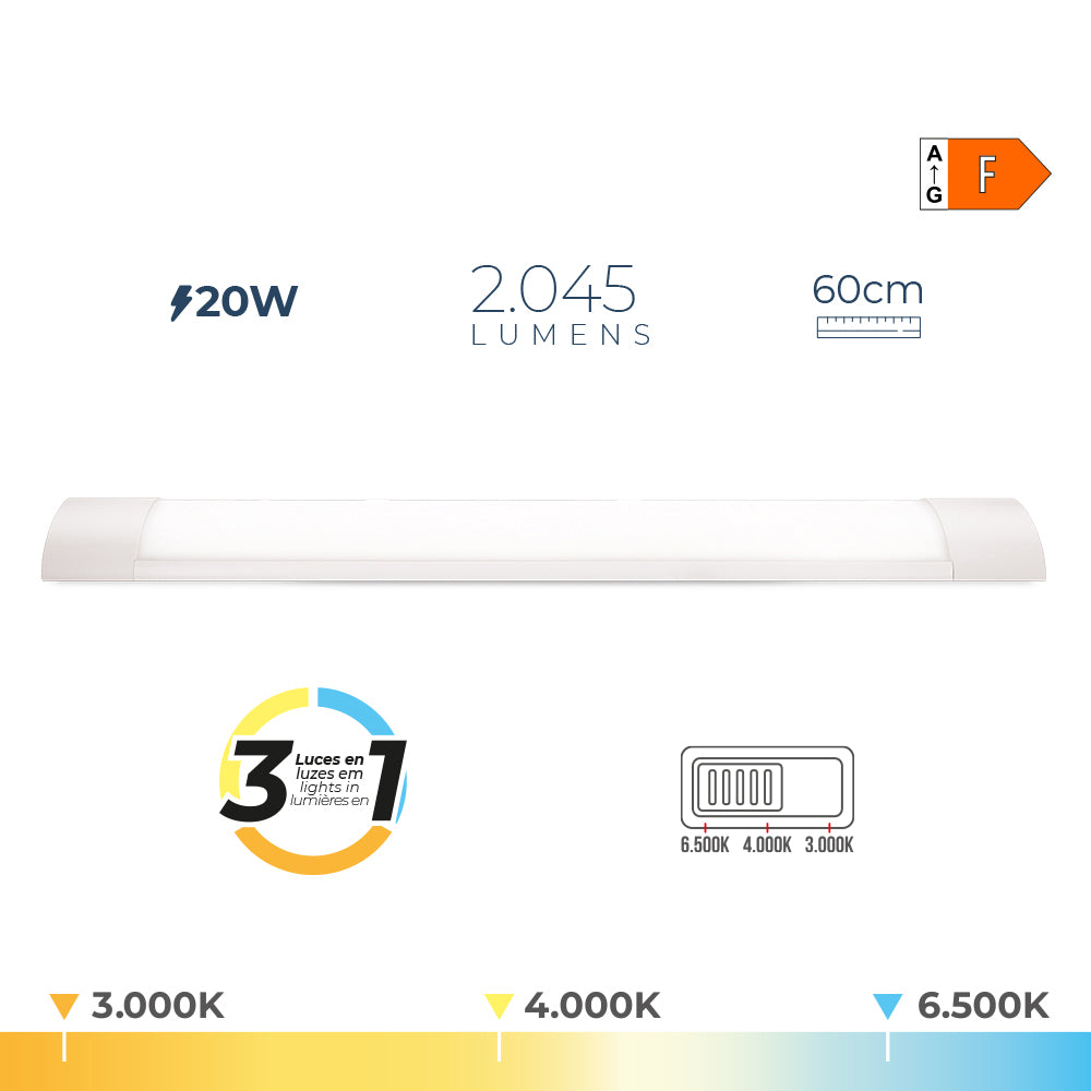 REGLETA LED 20 W TEMPERATURA DE LUZ VARIABLE 6500 K / 4000 K / 3000 K, 3CCT, 2045 lm, 60 x 2,6 x 7,4 cm