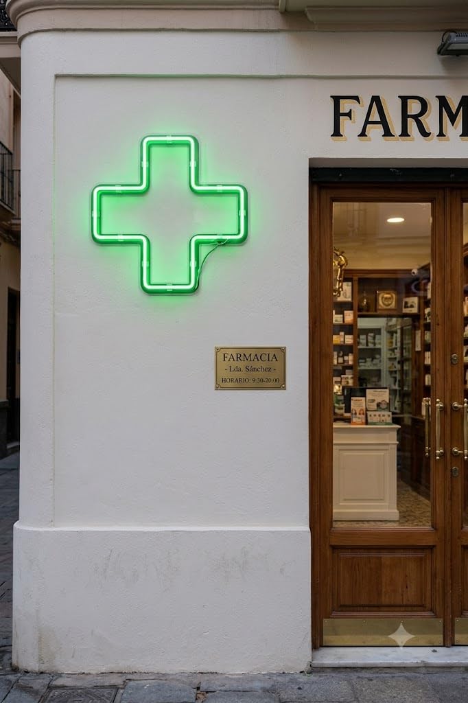 Letrero Neón de Cruz Farmacia, Luz neón LED, Verde, Decoración de Pared con base metacrilato transparente, cadena, cable de 1.5 m y alimentación 12 v medidas, medidas 60x60 cm.