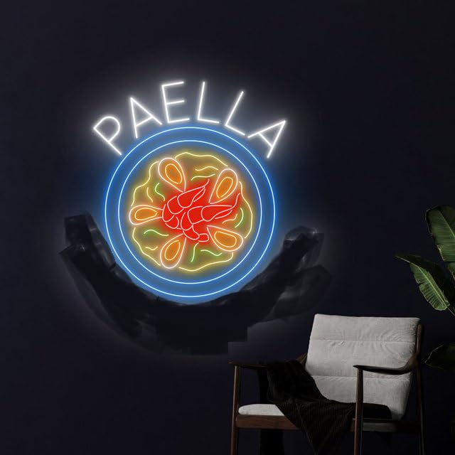 Letrero Luminoso LED de Neón para Pared, Diseño de Paella, Decoración para Restaurante, Negro, Tecnología LED, Incluye Alimentador 12v MEDIDAS 60X60CM