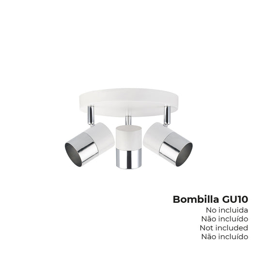 FOCO 3 ELEMENTOS MODELO MOON GU-10 (BOMBILLA NO INCLUIDA) COLOR CROMO+BLANCO HUESO Ø 20 x 12,6 cm