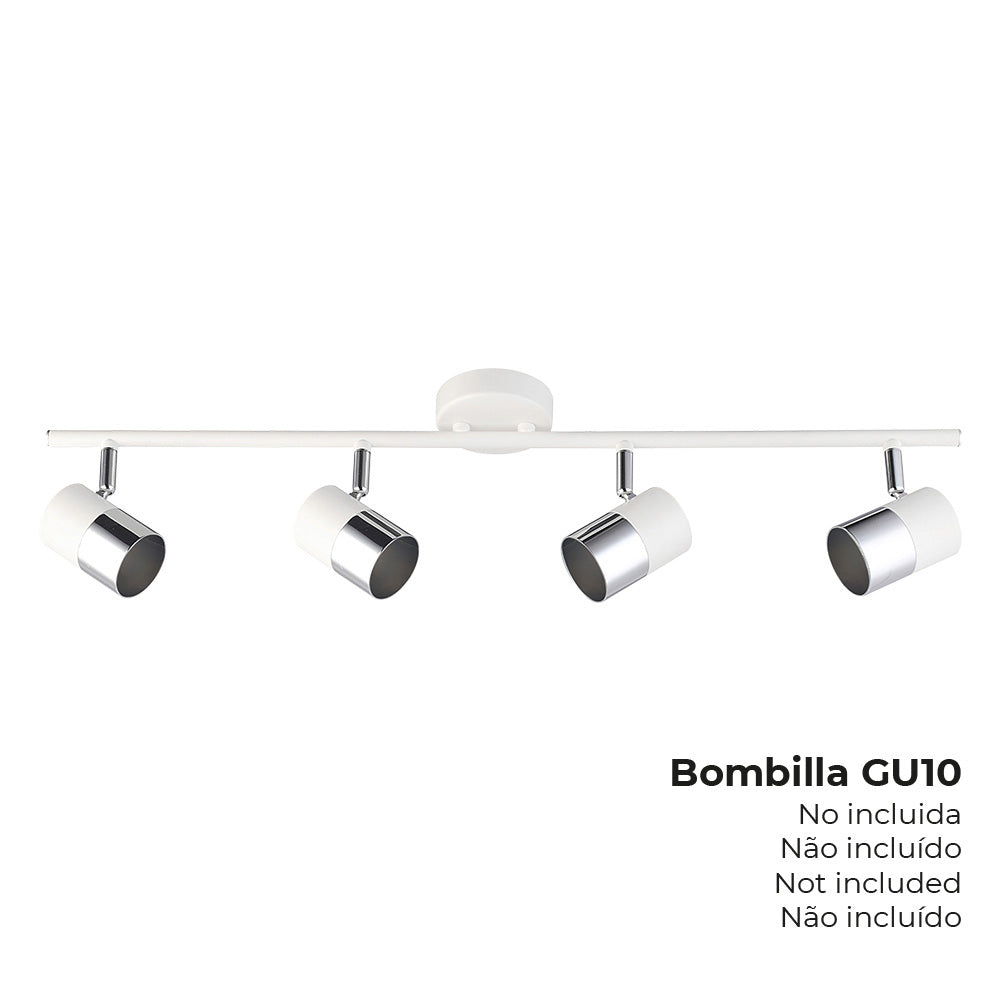 FOCO 4 ELEMENTOS MODELO MOON GU-10 (BOMBILLA NO INCLUIDA) COLOR CROMO+BLANCO HUESO 70 x 7,6 x 15,2 cm