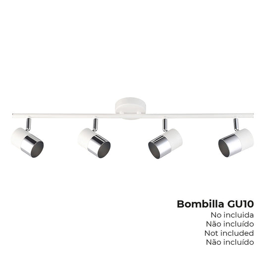 FOCO 4 ELEMENTOS MODELO MOON GU-10 (BOMBILLA NO INCLUIDA) COLOR CROMO+BLANCO HUESO 70 x 7,6 x 15,2 cm