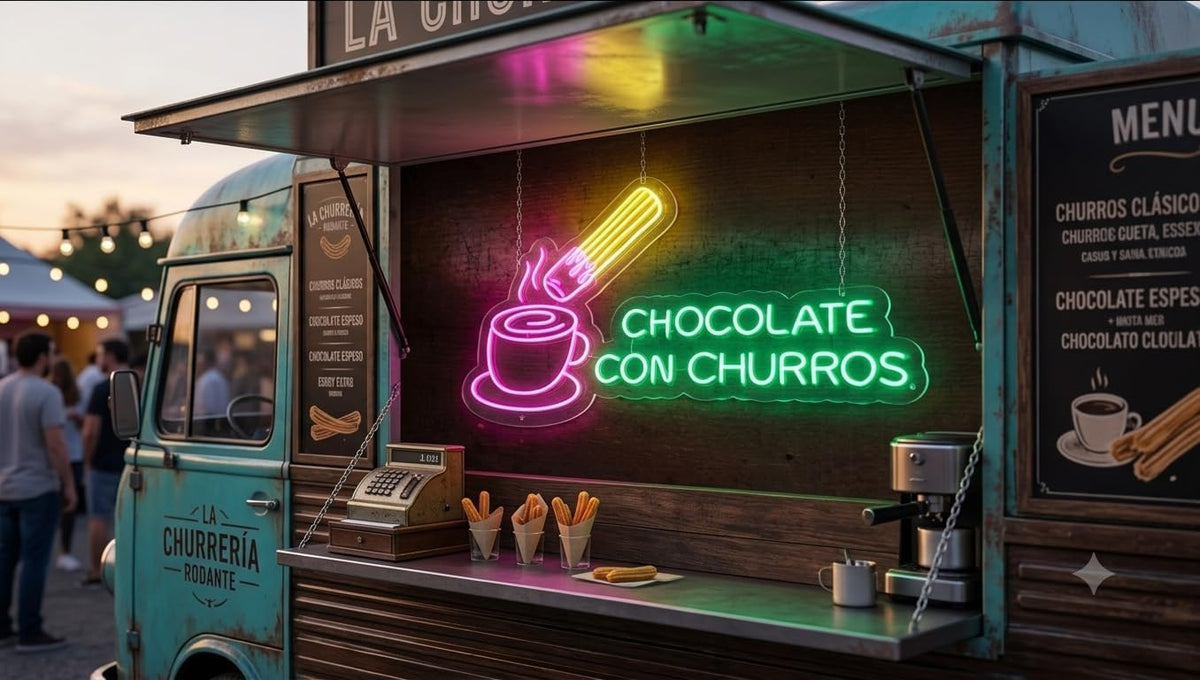 Letrero Neón LED Chocolate con Churros, 75cm x 40cm