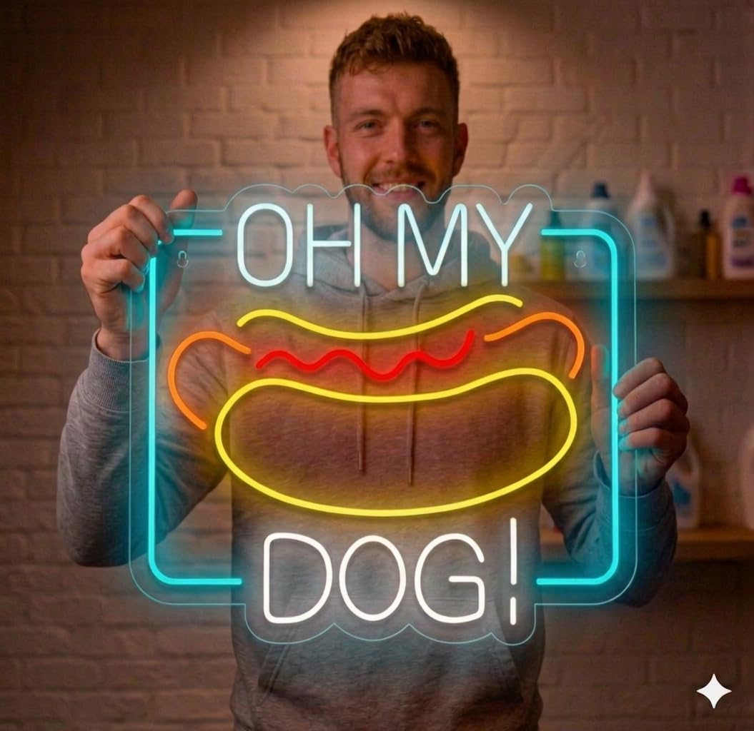 Letrero Neón hotdog Open, Luz neón LED, Multicolor, Decoración de Pared con base metacrilato transparente, cadena, cable de 1.5 m y alimentación 12 v medidas 55x55 cm