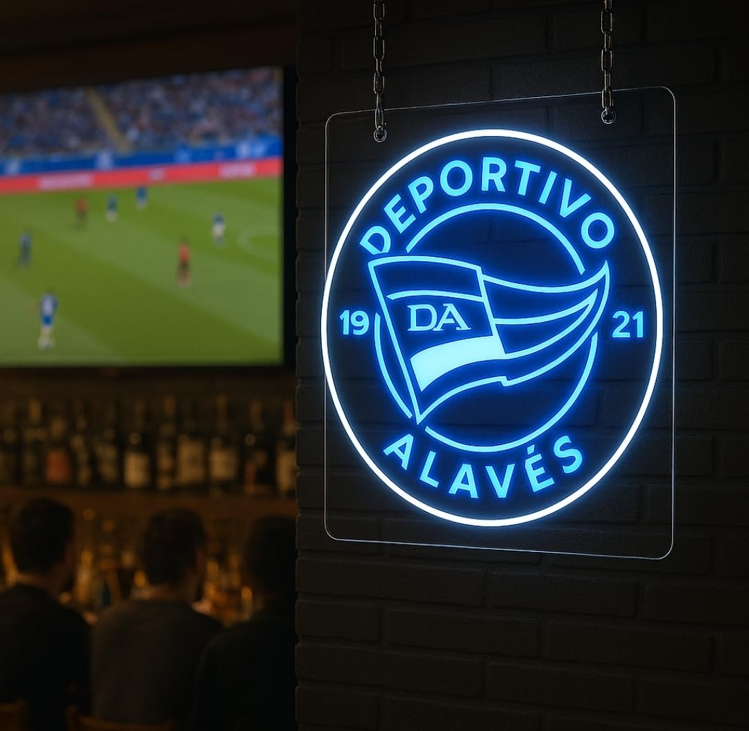 Deportivo cartel neón led metacrilato y vinilo regaló Alavés liga, Club futbol escudo en Azul y Blanco