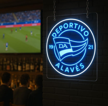 Deportivo cartel neón led metacrilato y vinilo regaló Alavés liga, Club futbol escudo en Azul y Blanco