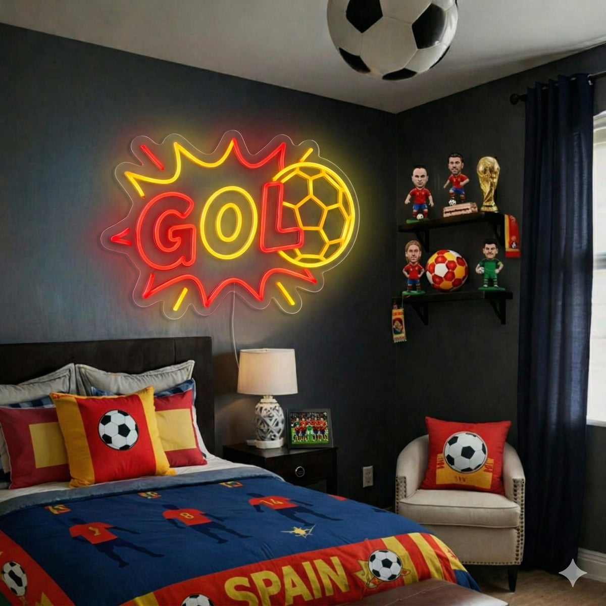 Neón LED GOL Letrero Luminoso de Fútbol Decoración de Pared para Habitación Infantil, Zona Gamer o Bar,Artesanal Hecho en España (cadena,cable de 1.5 m y alimentación 12 v medidas 40x,30cm