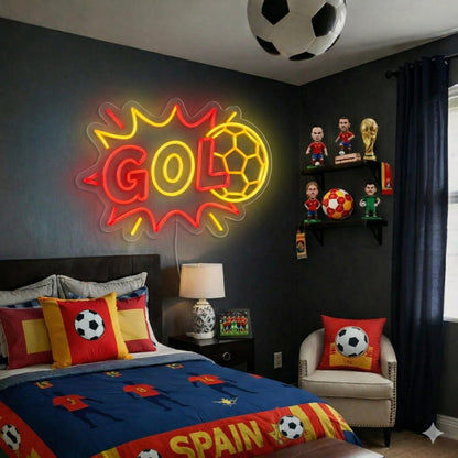 Neón LED GOL Letrero Luminoso de Fútbol Decoración de Pared para Habitación Infantil, Zona Gamer o Bar,Artesanal Hecho en España (cadena,cable de 1.5 m y alimentación 12 v medidas 40x,30cm