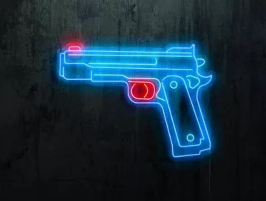 Letrero de Neón LED Decorativo, Diseño de Pistola, Azul y Rojo, Iluminación para Pared