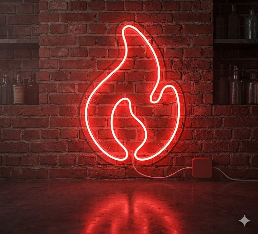 Letrero Neón de Llama de Fuego, Luz neón LED, Color Rojo, Decoración de Pared con base metacrilato transparente, cadena, cable de 1.5 m y alimentación 12 v medidas 50x35 cm