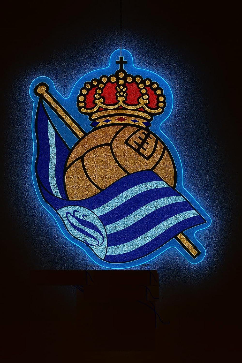 cartel escudo de neón led flex metacrilato y vinilo de LA REAL SOCIEDAD de la liga de fútbol,regalo, para pared de un bar