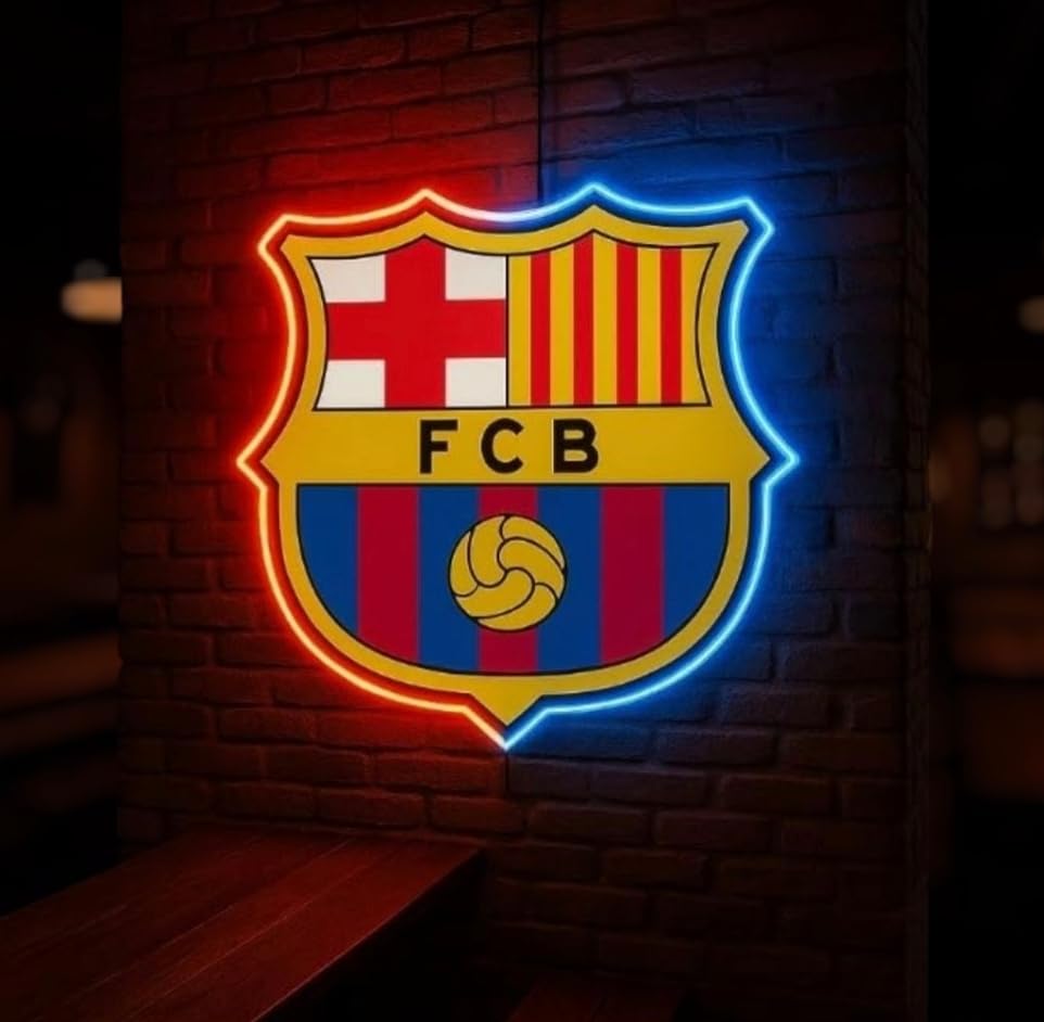 SOLOLED Regalos Barcelona Luminoso LED, Decoración de Pared, Iluminación Roja LIGA DE FUTBOL ESCUDO MEON LED,METACRILATO Y VINILO.MEDIDAS 35X30 CM