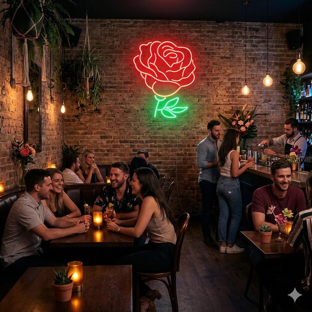 Letrero Neón de Rosa Clásica, Luz Neón LED, Rojo y Verde, Decoración de Pared con Base Metacrilato Transparente, Cadena, Cable de 1.5 m y Alimentación 12 v, Medidas 60x45 cm