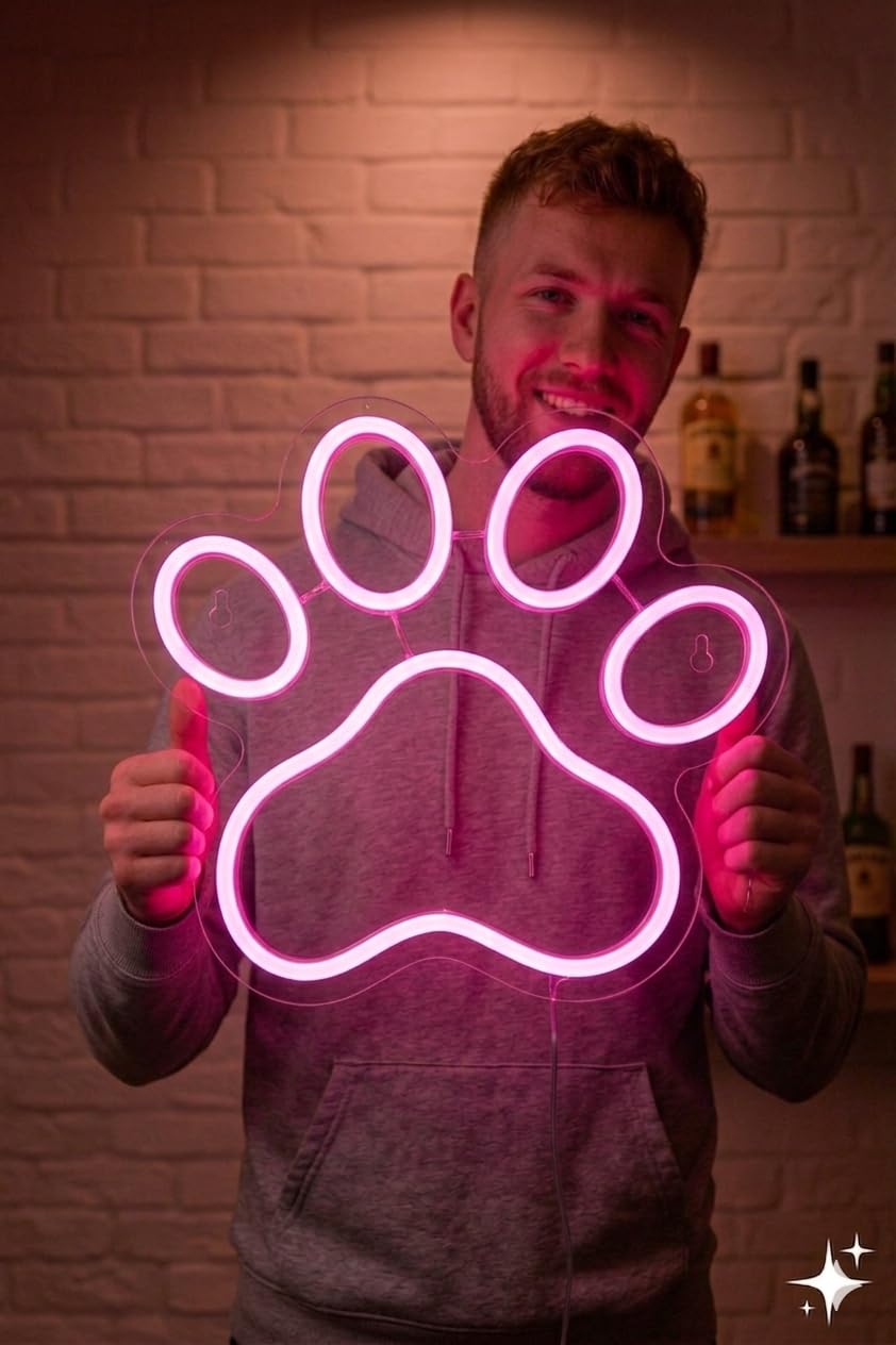 Letrero Neón de Huella de Mascota, Luz neón LED, Color Rosa, Decoración de Pared con base metacrilato transparente, cadena, cable de 1.5 m y alimentación 12 v medidas 35x30 cm,habitacion
