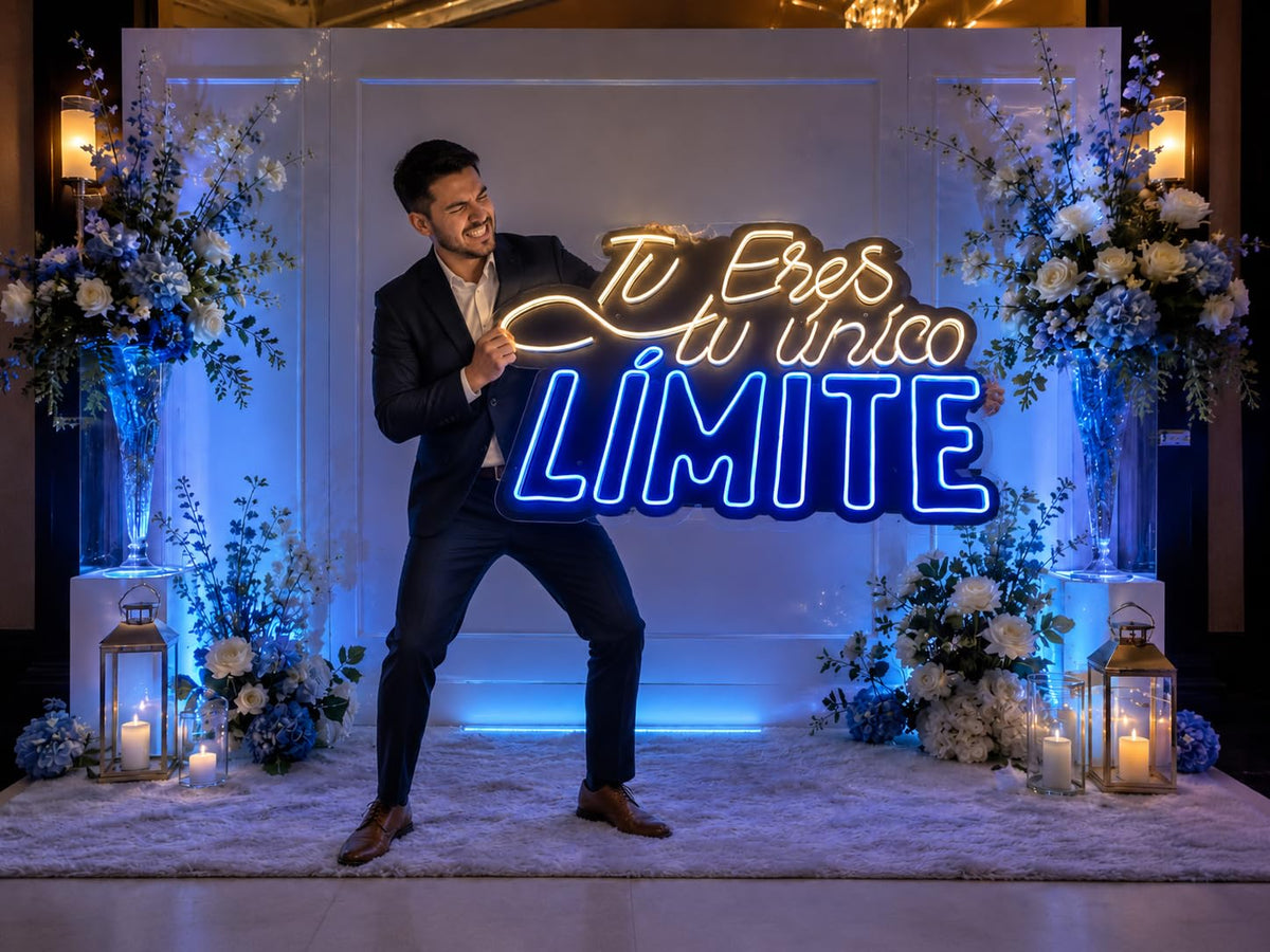 Letrero LED Decorativo de Neón, Doble Color Blanco y Azul, bodas eventos,Iluminación para Pared, metacrilato transparente medidas 110 x75 cm - 12v