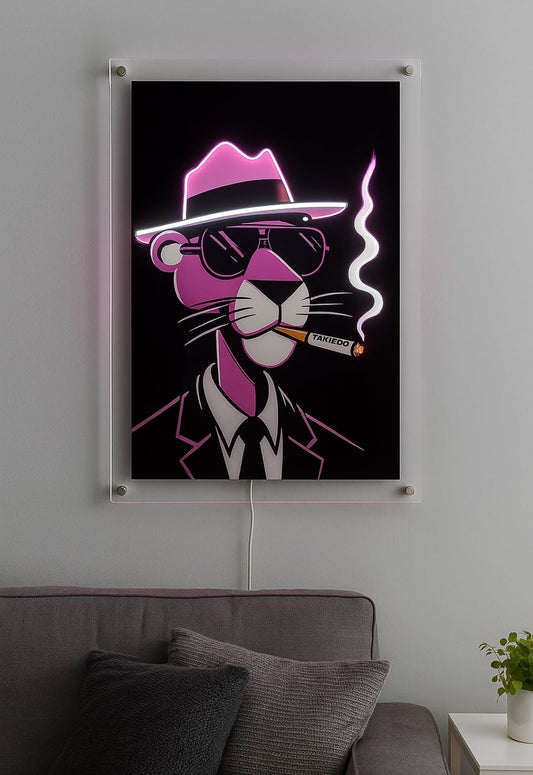 Lámpara de Neón LED Decorativa, Diseño de Personaje pantera rosa con Sombrero, Luz Roja, Montaje en Pared
