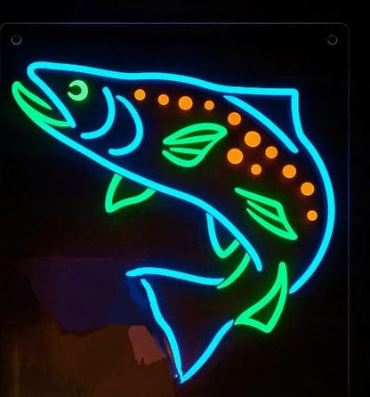 SOLOLED Diseño Decorativo neón led de Pez Trucha, Arte Lineal en Azul y Verde con Puntos Naranjas