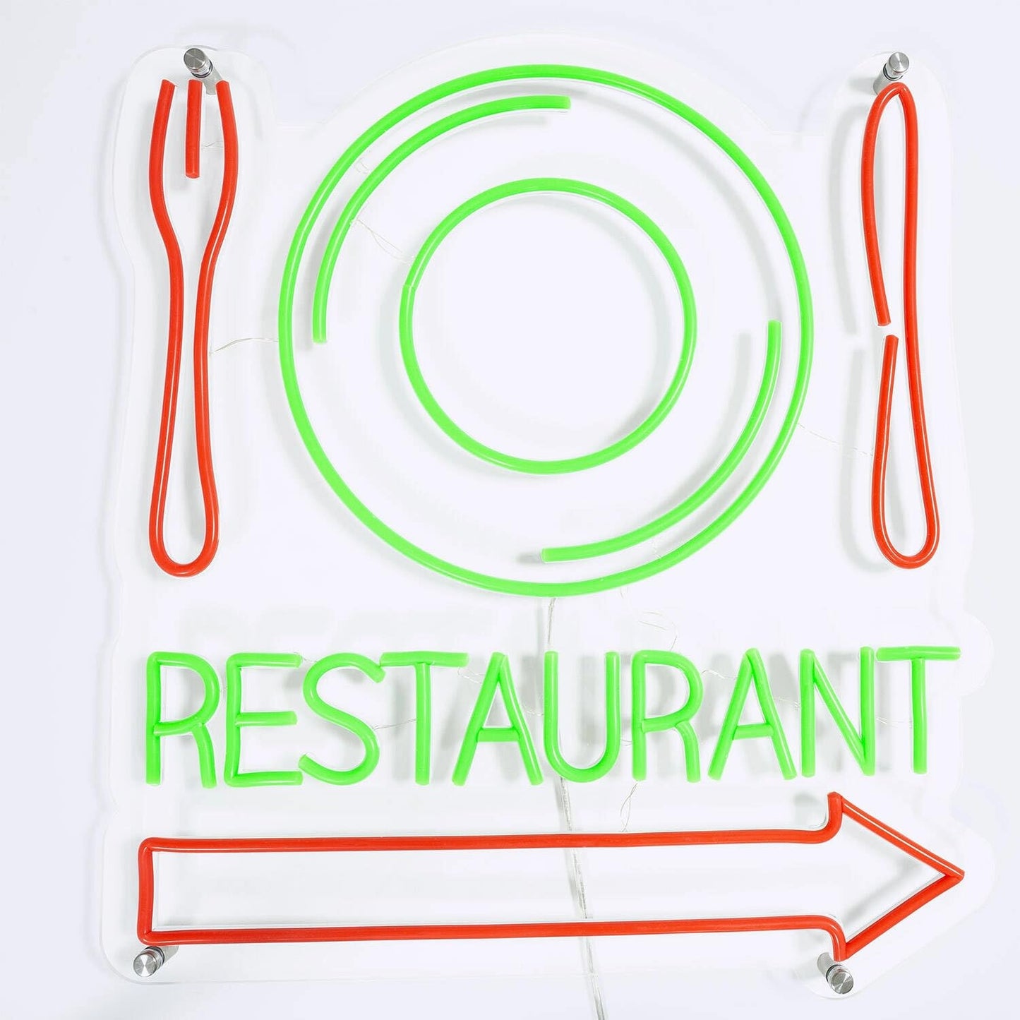 Letrero LED de Neón para Restaurante, Diseño con Plato y Cubiertos, Verde y Rojo, con Flecha Direccional