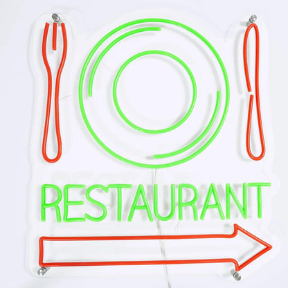 Letrero LED de Neón para Restaurante, Diseño con Plato y Cubiertos, Verde y Rojo, con Flecha Direccional