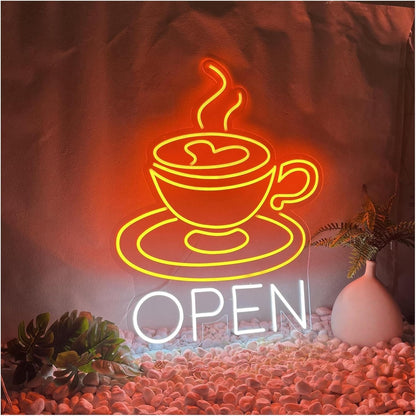 Luces de neón Letrero De Neón LED Con Forma De Taza De Café Abierta Para Decoración De Pared De Negocios, Letreros De Neón De Café Con Luces LED Para Cafetería 36cmx45cm alimentacion 12v