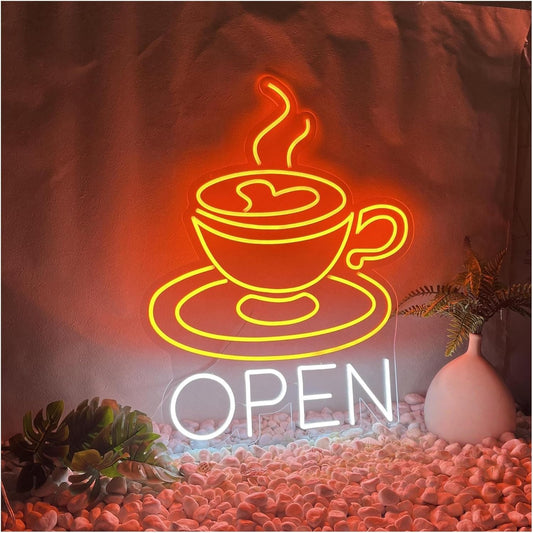 Luces de neón Letrero De Neón LED Con Forma De Taza De Café Abierta Para Decoración De Pared De Negocios, Letreros De Neón De Café Con Luces LED Para Cafetería 36cmx45cm alimentacion 12v