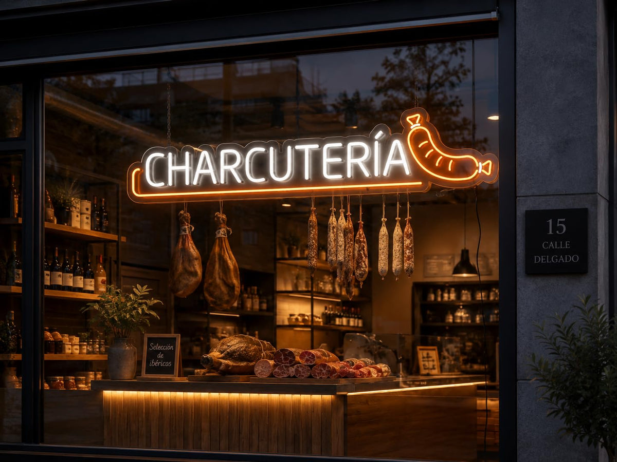 Letras de Neón Led CHARCUTERÍA, Fabricadas en Metacrilato, Para Negocio, Tienda o Comercio medidas 70cm alimentacion 12v