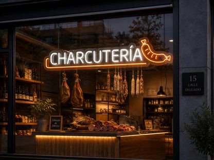 Letras de Neón Led CHARCUTERÍA, Fabricadas en Metacrilato, Para Negocio, Tienda o Comercio medidas 70cm alimentacion 12v
